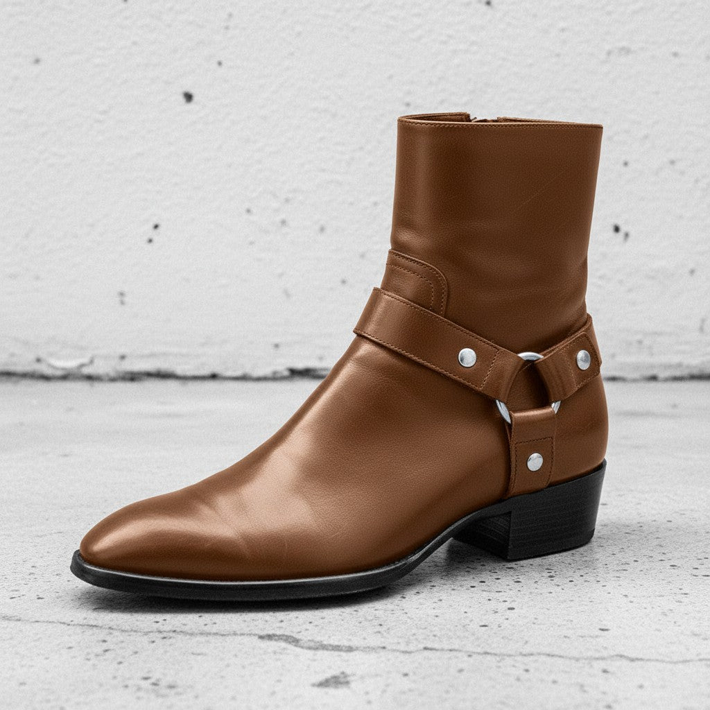 Men's Brown Plain-Toe Leather Biker Boots