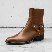 Men's Brown Plain-Toe Leather Biker Boots