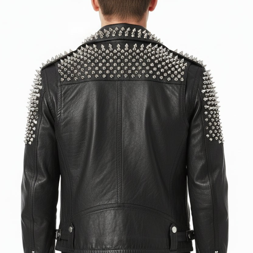 Men's Black Silver Studded Leather Biker Jacket