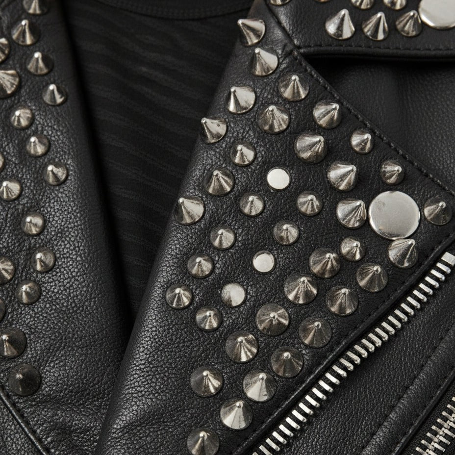 Men's Black Silver Studded Leather Biker Jacket
