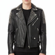 Men's Black Silver Studded Leather Biker Jacket