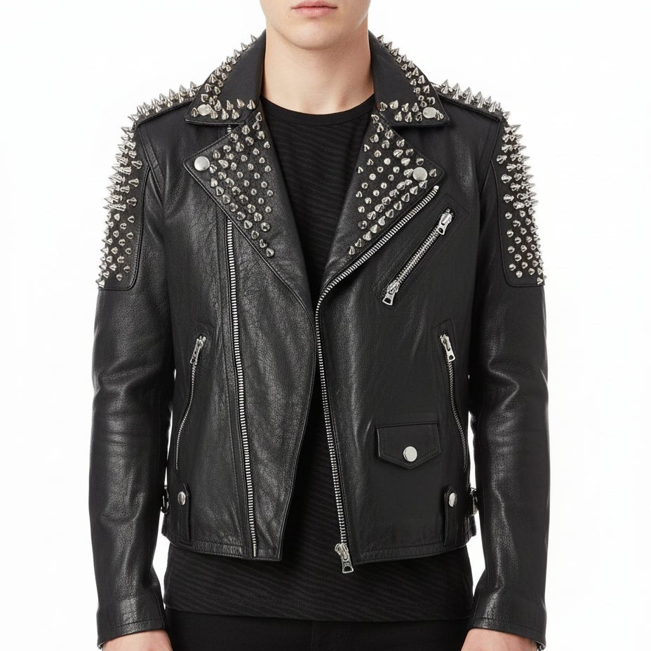 Men's Black Silver Studded Leather Biker Jacket