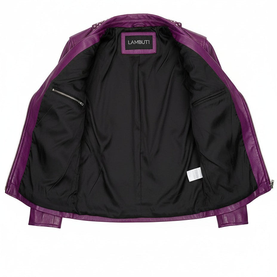 Women's Purple Studded Leather Biker Jacket