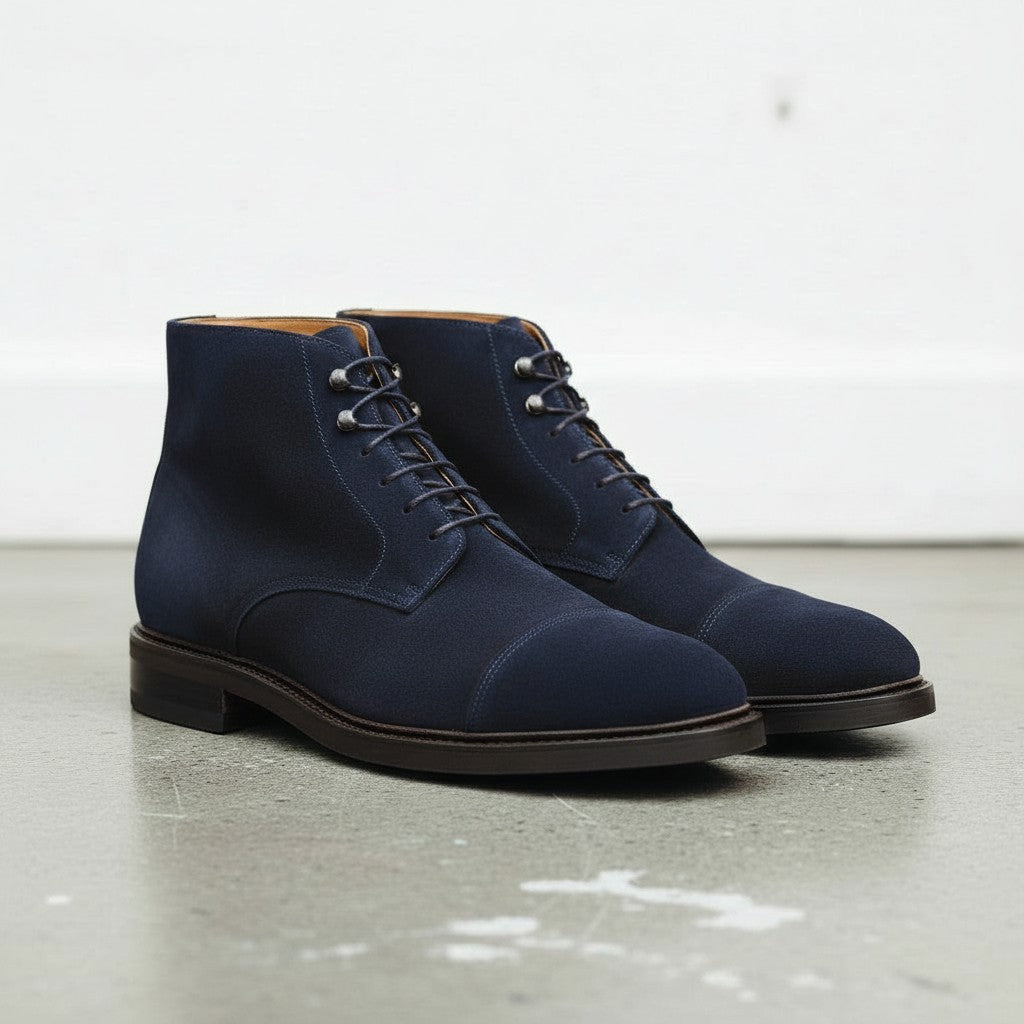 Men's Navy Blue Cap-Toe Suede Ankle Boots