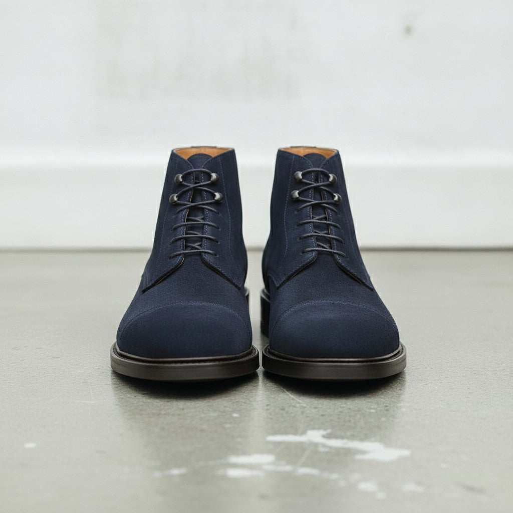 Men's Navy Blue Cap-Toe Suede Ankle Boots