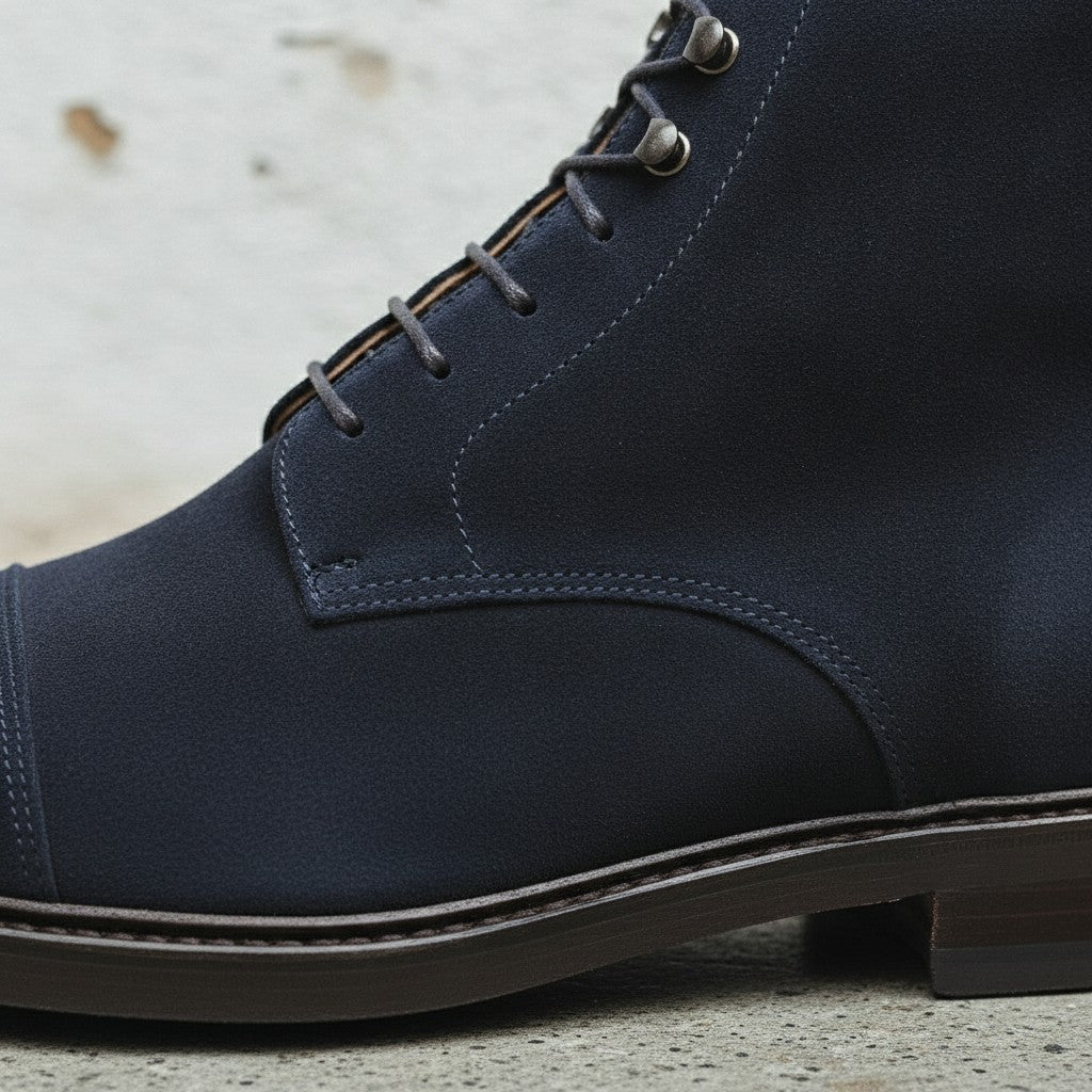 Men's Navy Blue Cap-Toe Suede Ankle Boots