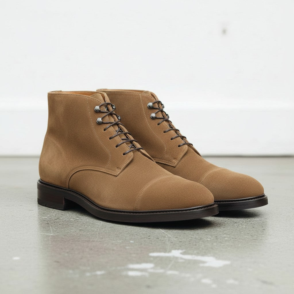 Men's Tan Cap-Toe Suede Ankle Boots