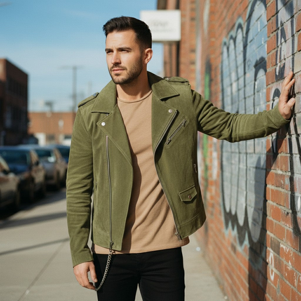 Men's Olive Green Suede Biker Jacket