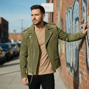 Men's Olive Green Suede Biker Jacket
