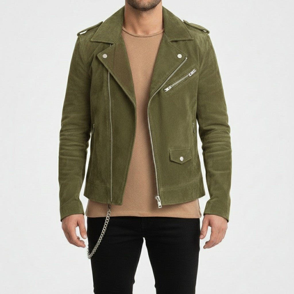 Men's Olive Green Suede Biker Jacket