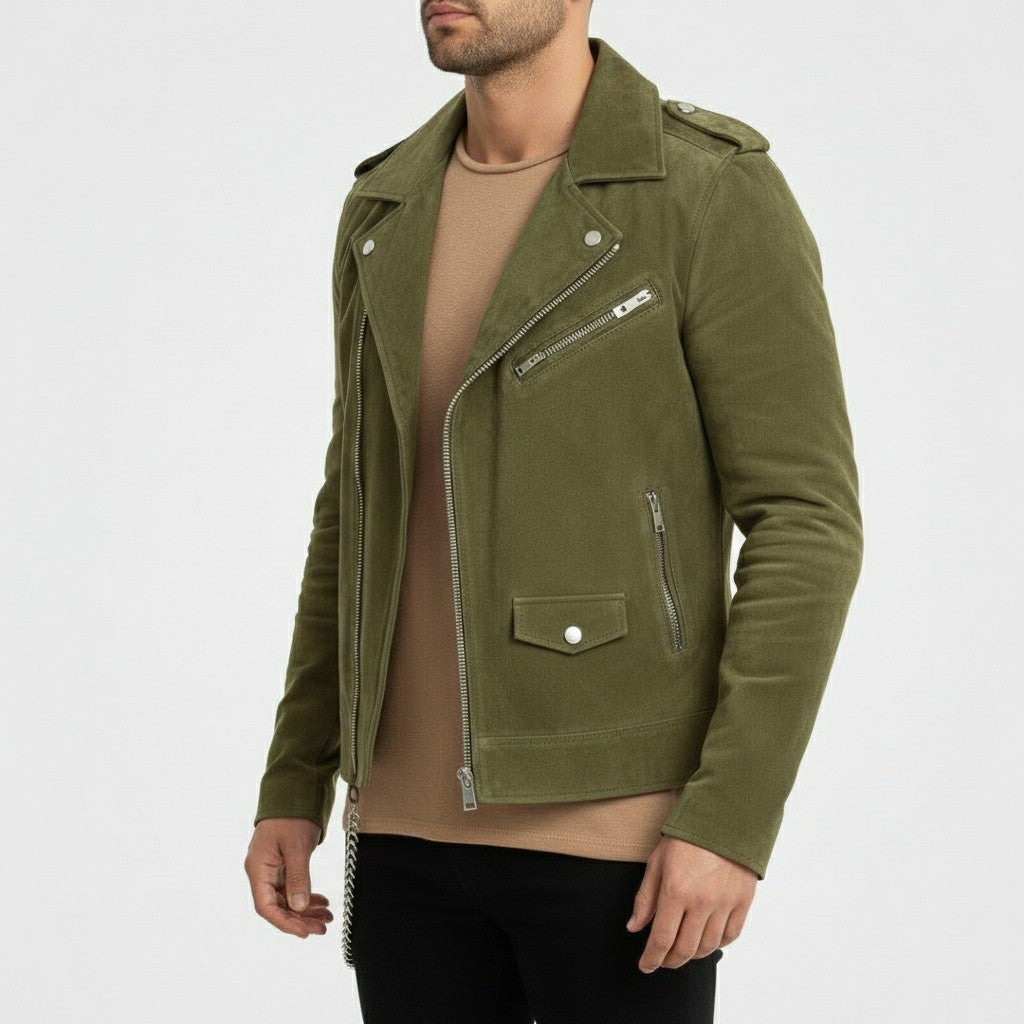 Men's Olive Green Suede Biker Jacket