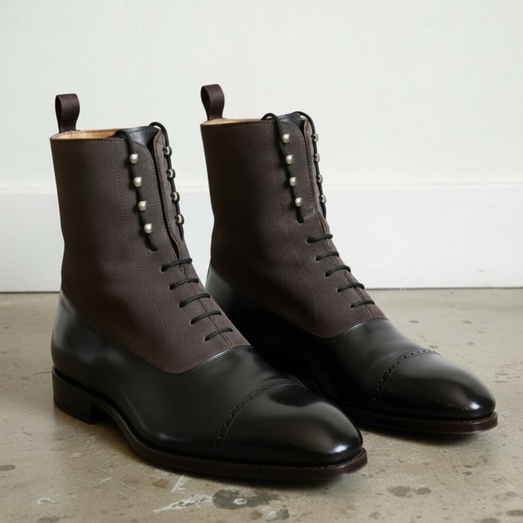 Men's Black and Dark Brown Cap-Toe Leather Balmoral Boots