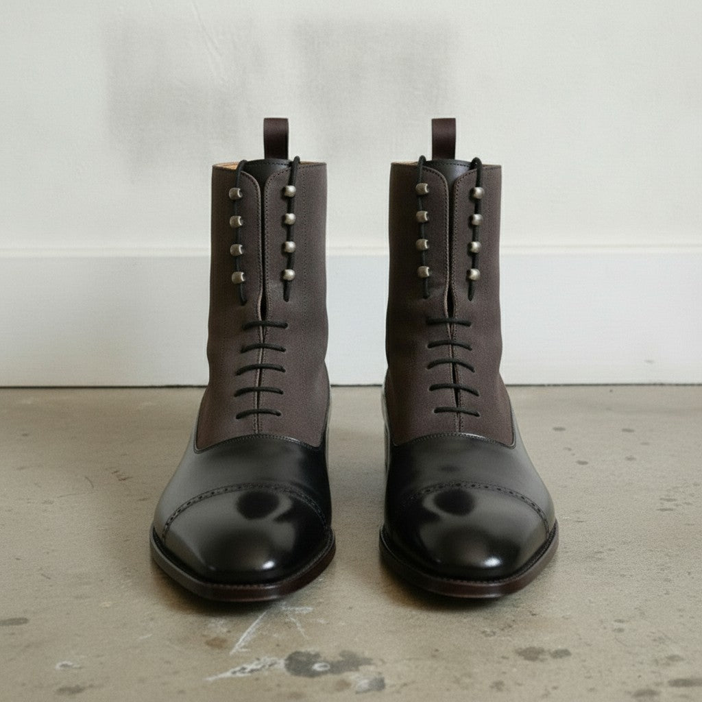 Men's Black and Dark Brown Cap-Toe Leather Balmoral Boots
