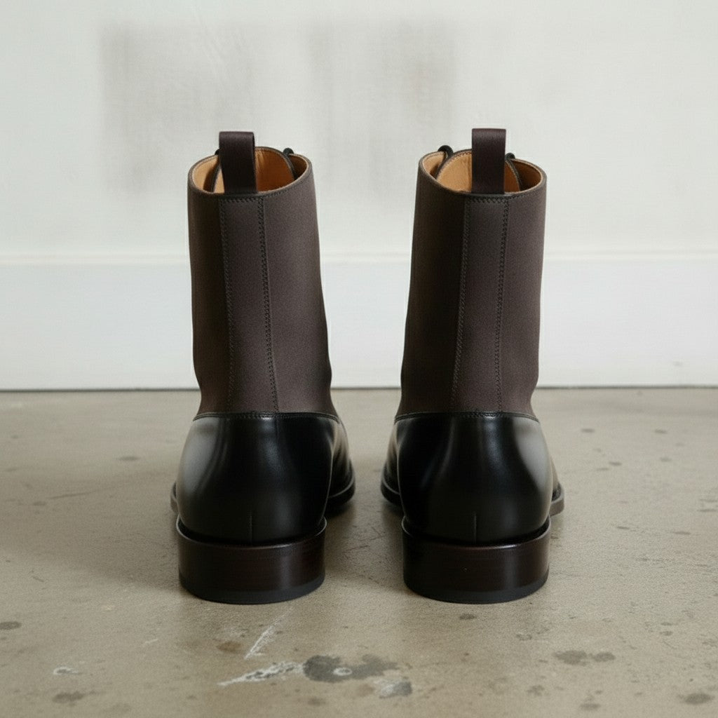 Men's Black and Dark Brown Cap-Toe Leather Balmoral Boots