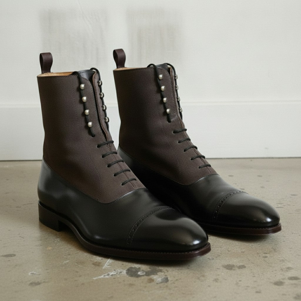 Men's Black and Dark Brown Cap-Toe Leather Balmoral Boots