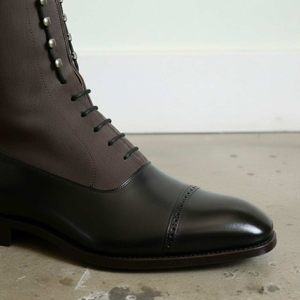Men's Black and Dark Brown Cap-Toe Leather Balmoral Boots