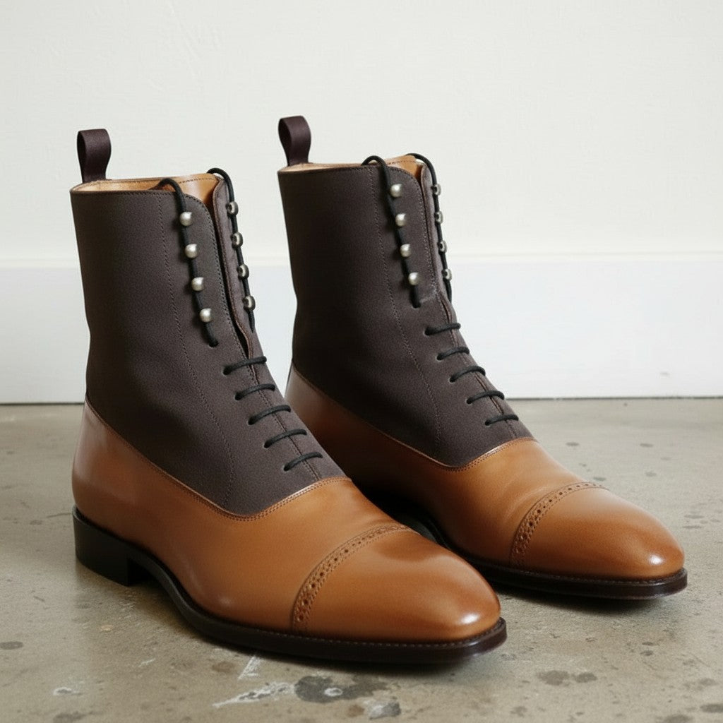 Men's Tan and Dark Grey Cap-Toe Leather Balmoral Boots