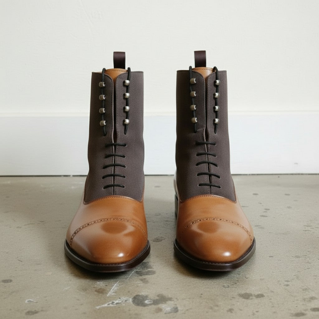 Men's Tan and Dark Grey Cap-Toe Leather Balmoral Boots