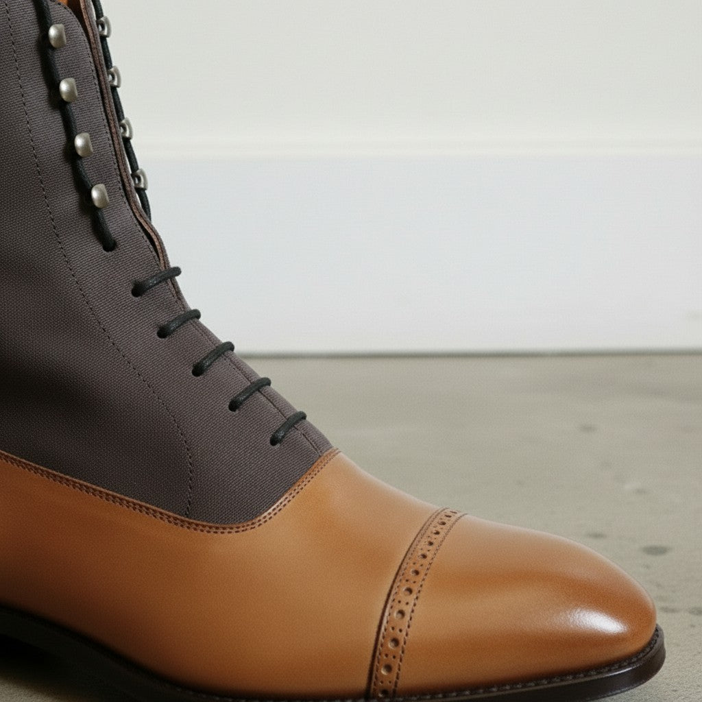 Men's Tan and Dark Grey Cap-Toe Leather Balmoral Boots
