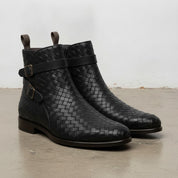Men's Black Woven Chitai Mat Leather Ankle Boots
