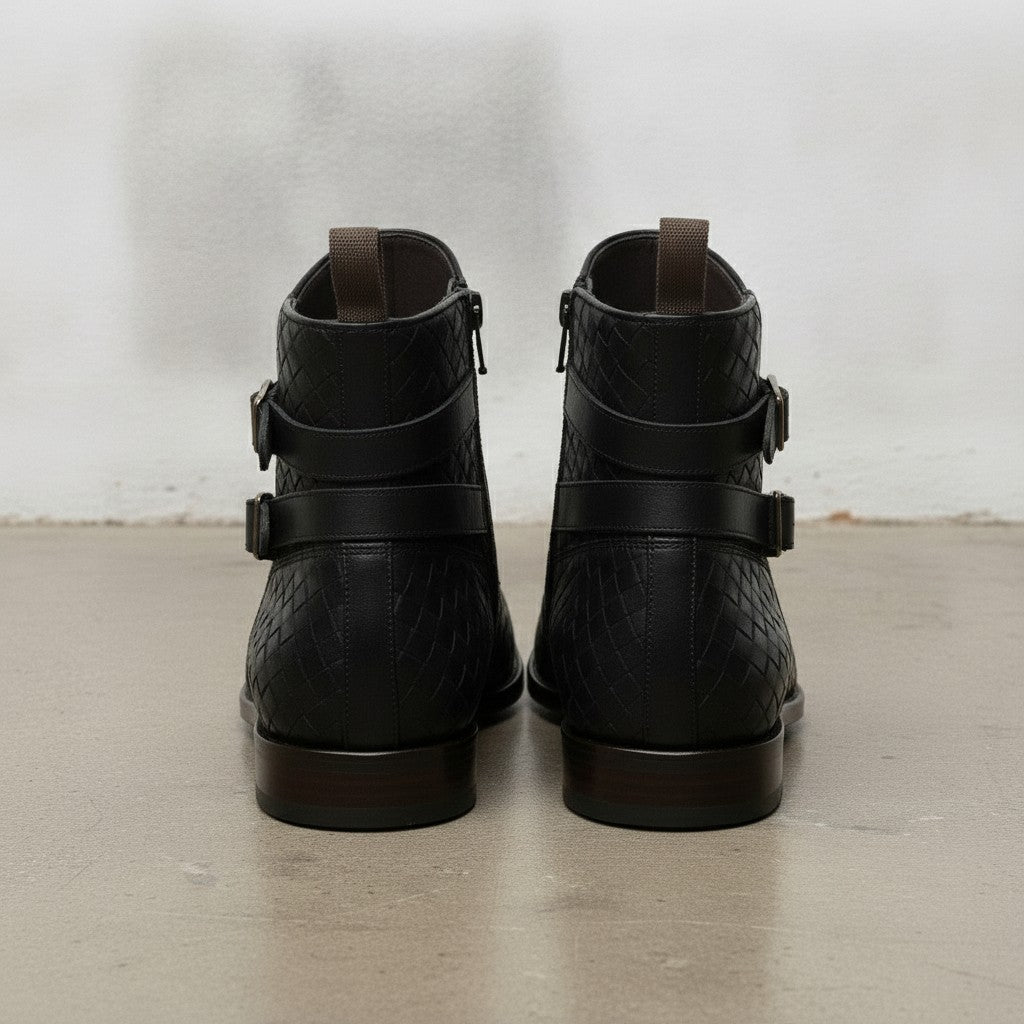 Men's Black Woven Chitai Mat Leather Ankle Boots