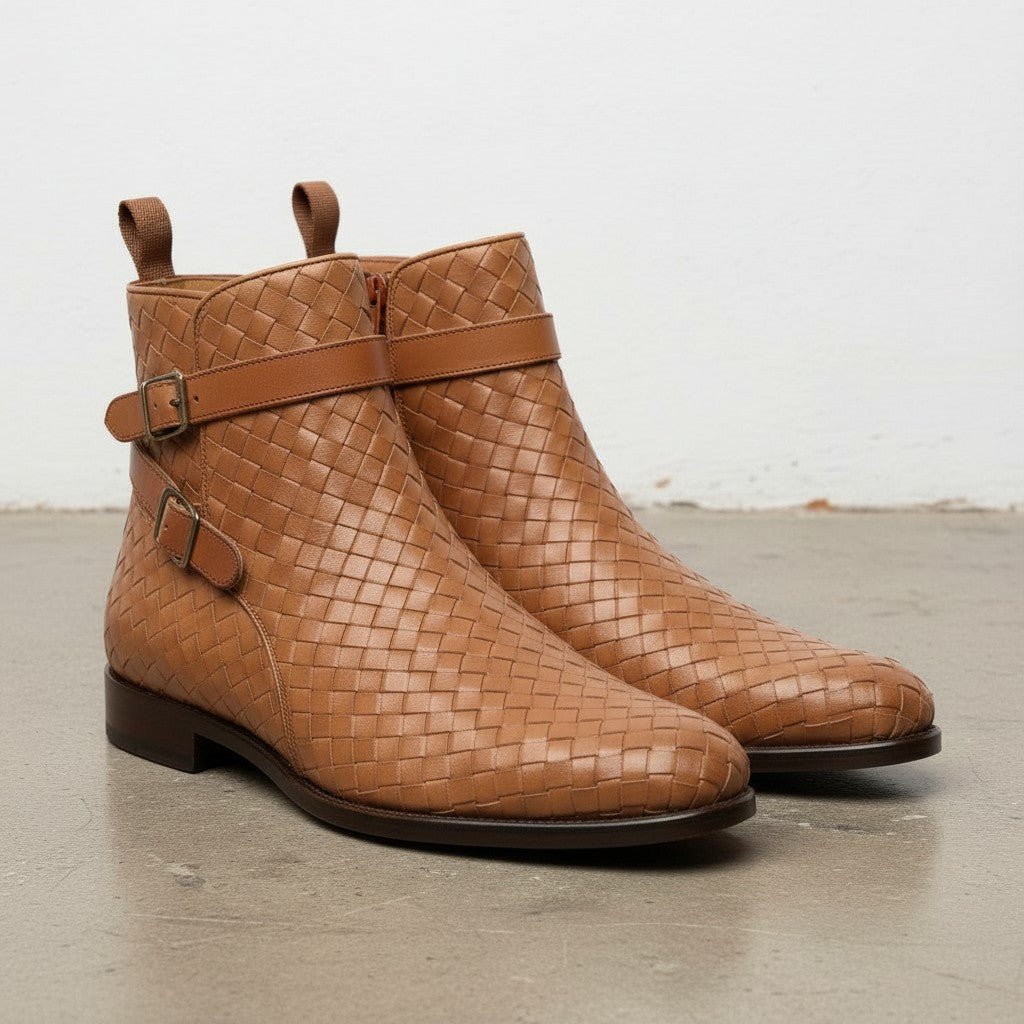 Men's Tan Woven Chitai Mat Leather Ankle Boots