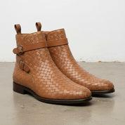 Men's Tan Woven Chitai Mat Leather Ankle Boots