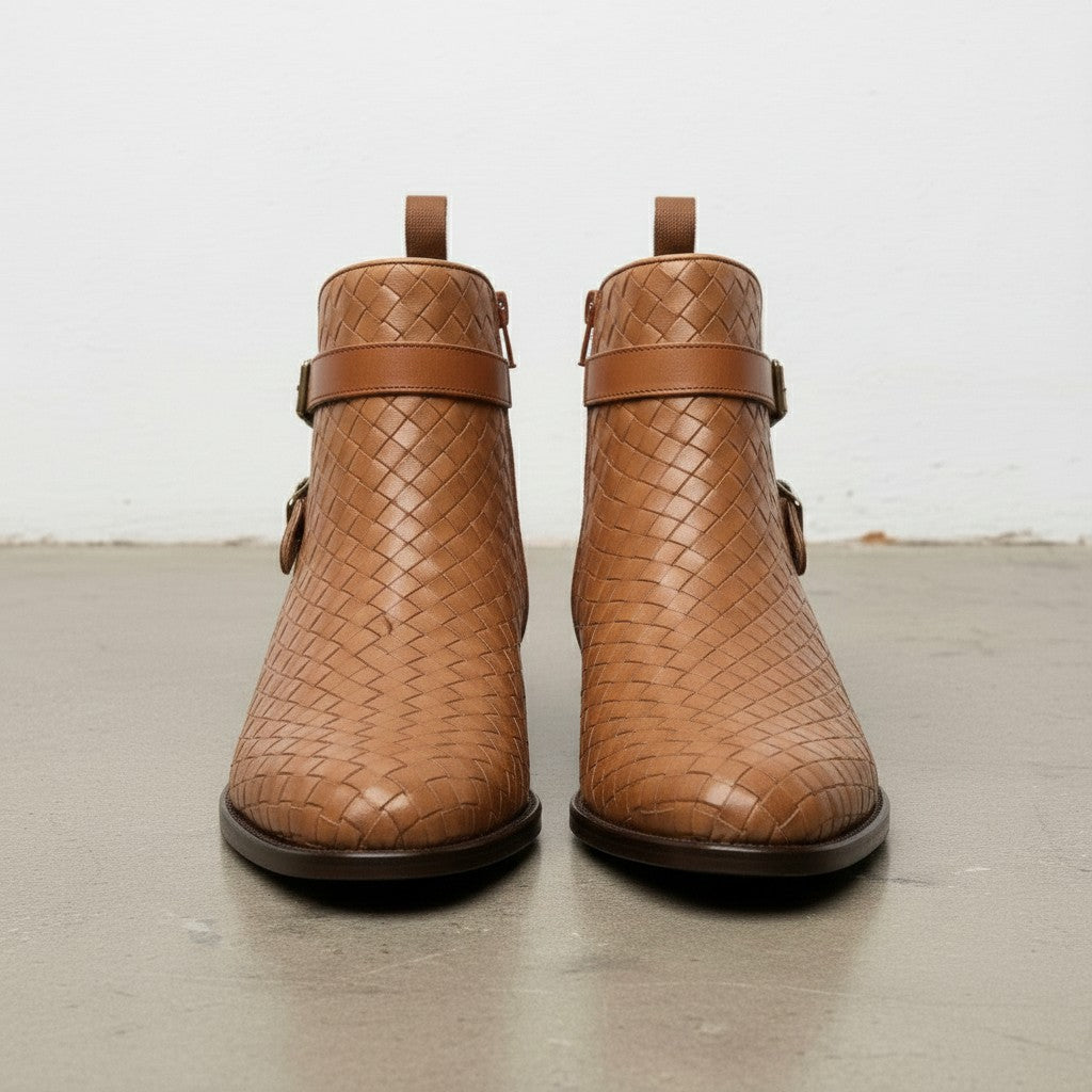 Men's Tan Woven Chitai Mat Leather Ankle Boots