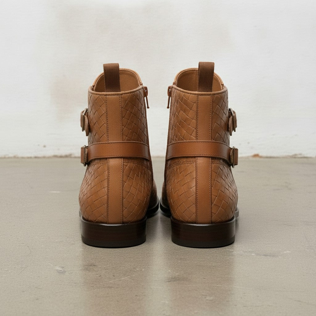 Men's Tan Woven Chitai Mat Leather Ankle Boots