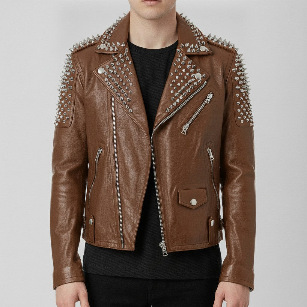 Men's Brown Silver Studded Leather Biker Jacket