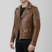 Men's Brown Silver Studded Leather Biker Jacket