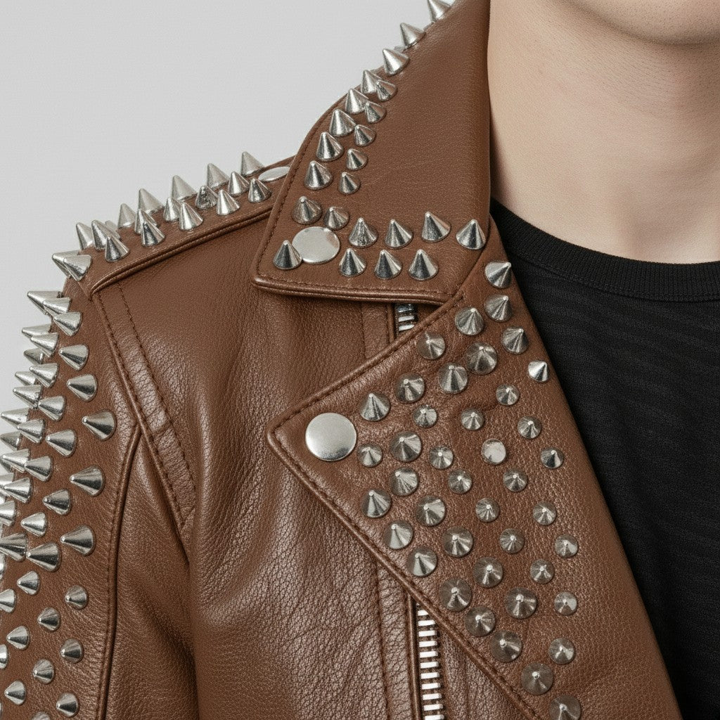 Men's Brown Silver Studded Leather Biker Jacket