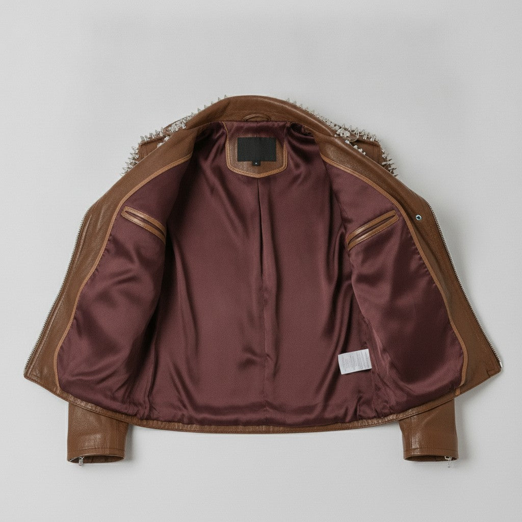 Men's Brown Silver Studded Leather Biker Jacket