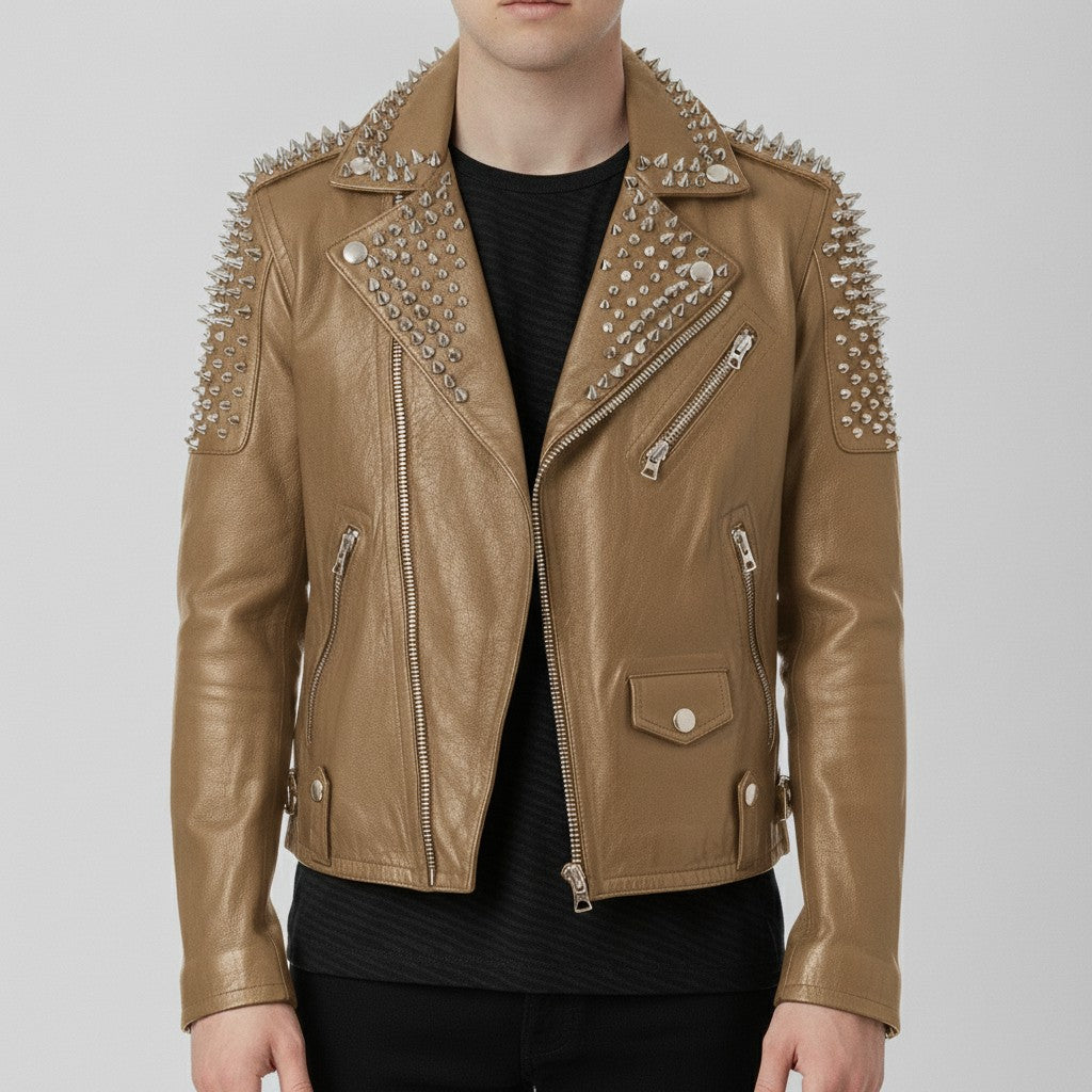 Men's Tan Silver Studded Leather Biker Jacket