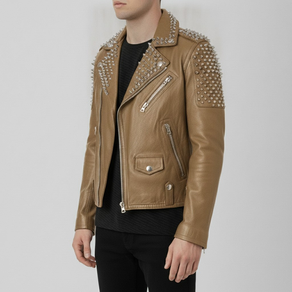 Men's Tan Silver Studded Leather Biker Jacket