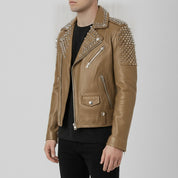 Men's Tan Silver Studded Leather Biker Jacket