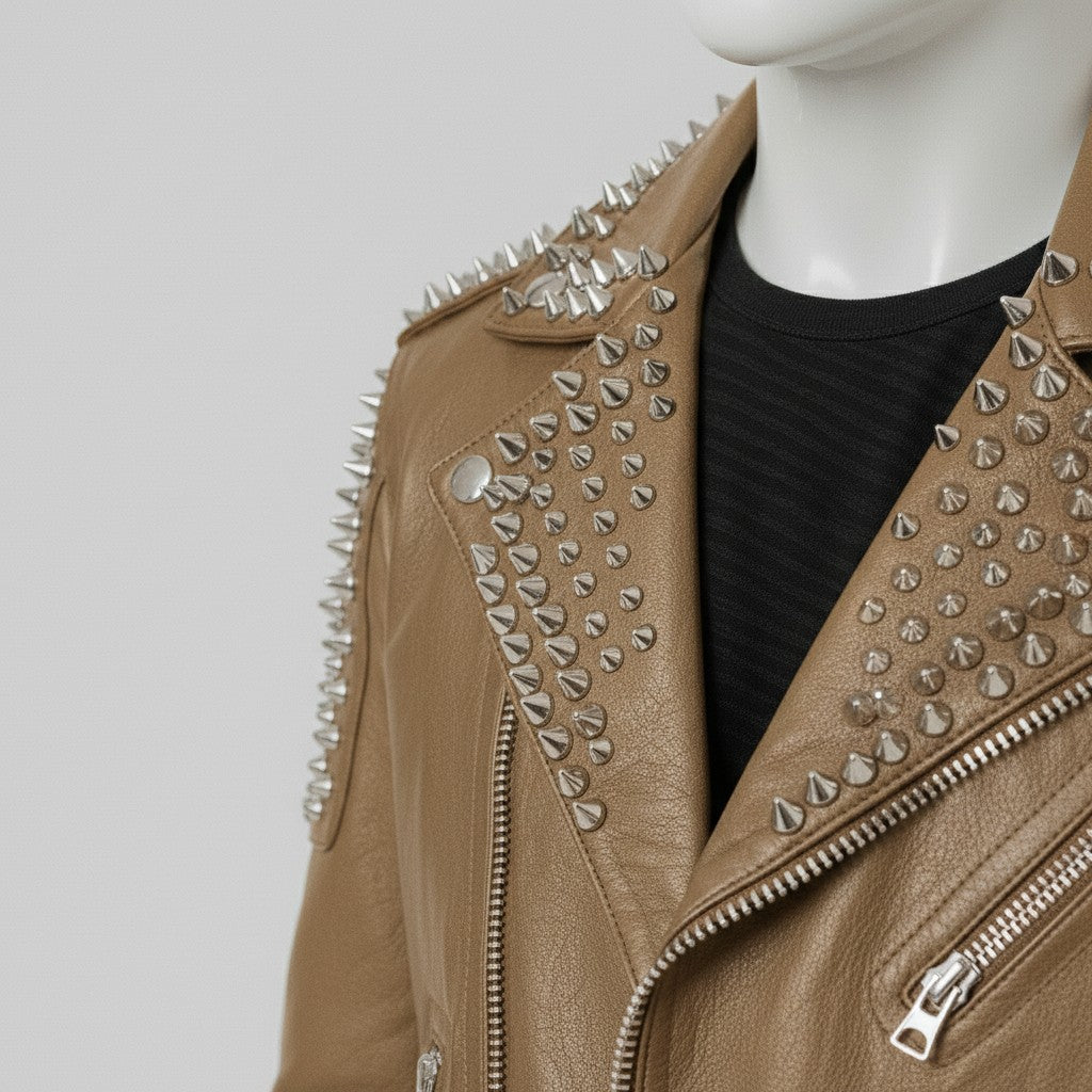 Men's Tan Silver Studded Leather Biker Jacket