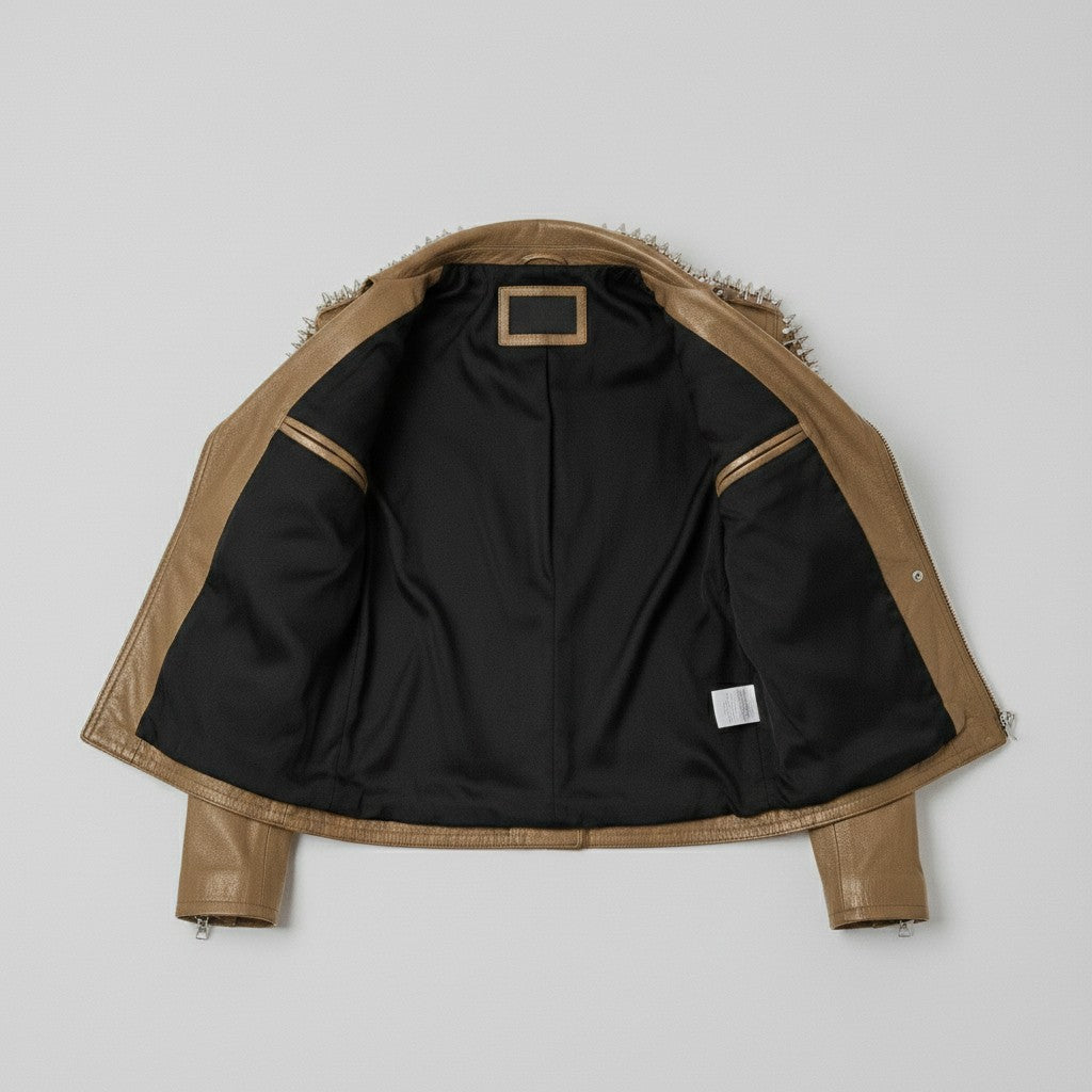 Men's Tan Silver Studded Leather Biker Jacket
