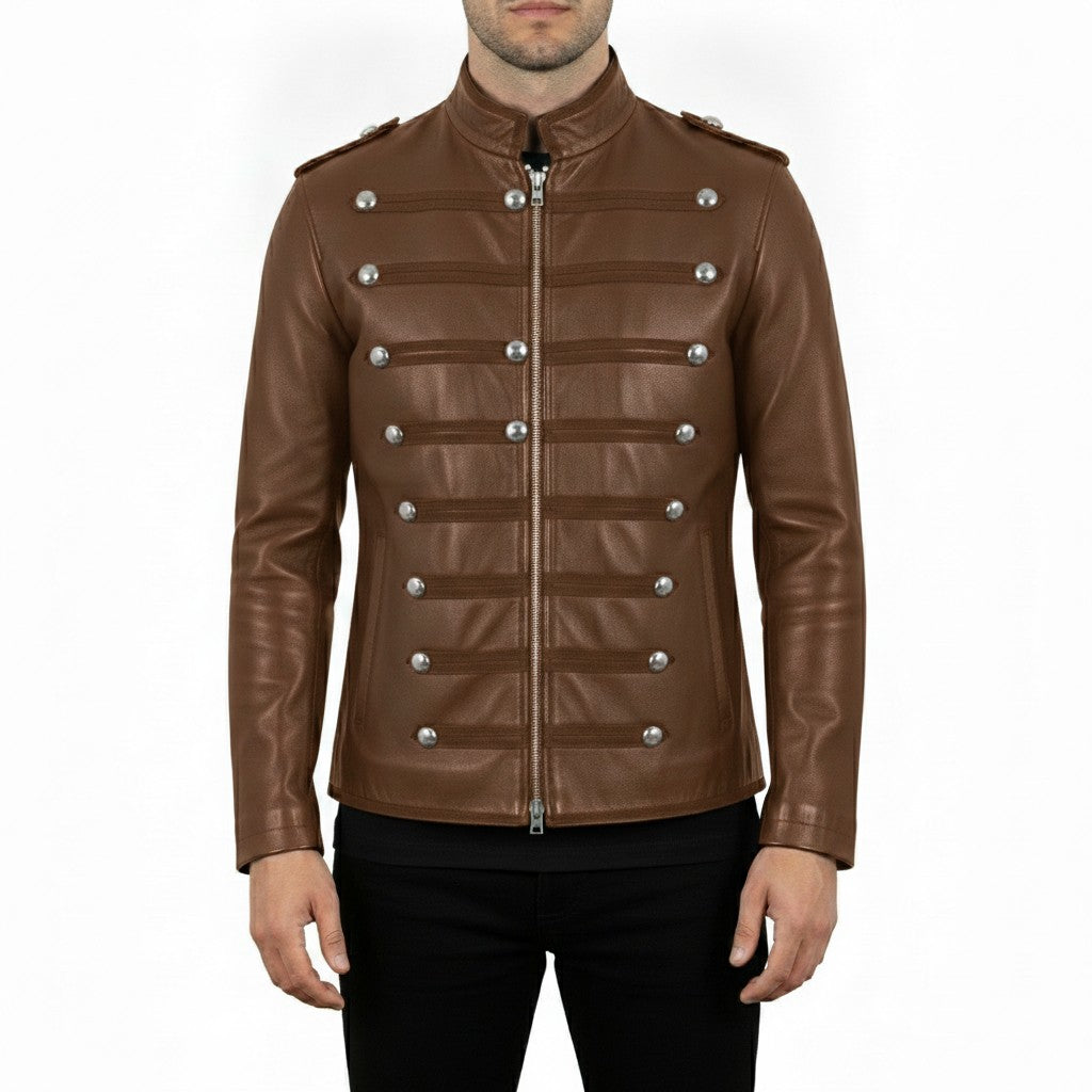Brown Leather Military Jacket — Harington