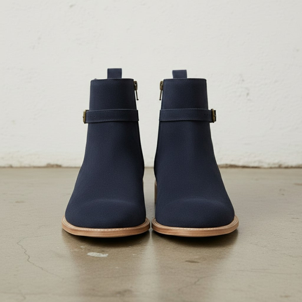 Men's Navy Blue Plain-Toe Suede Jodhpur Ankle Boots