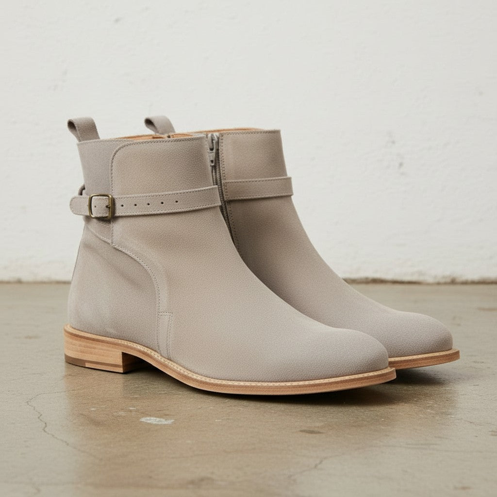 Men's Light Gray Plain-Toe Suede Jodhpur Ankle Boots