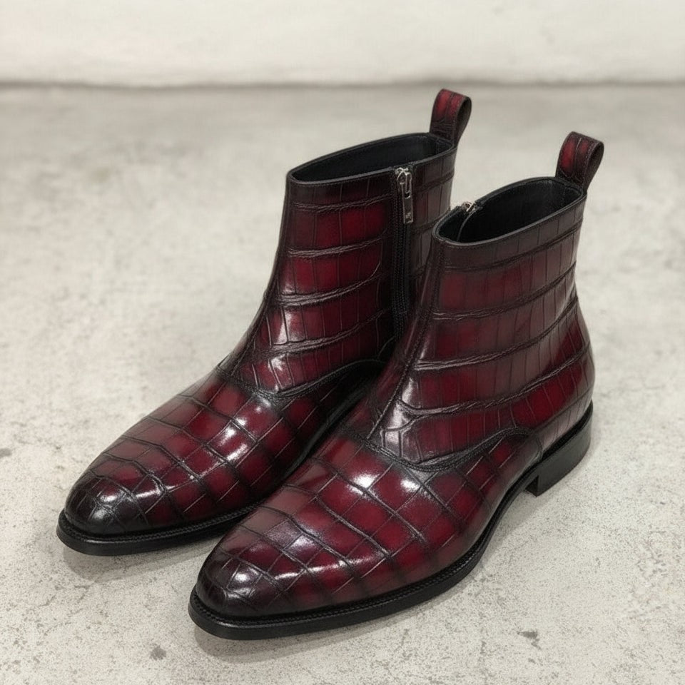 Men's Burgundy Crocodile-Embossed Leather Ankle Boots