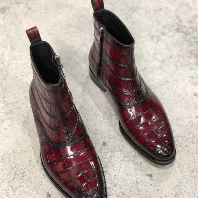 Men's Burgundy Crocodile-Embossed Leather Ankle Boots