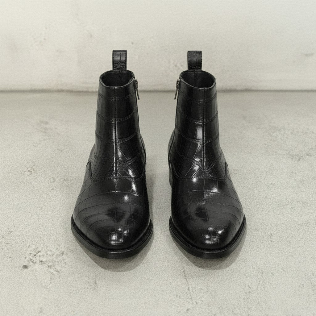 Men's Black Crocodile-Embossed Leather Ankle Boots