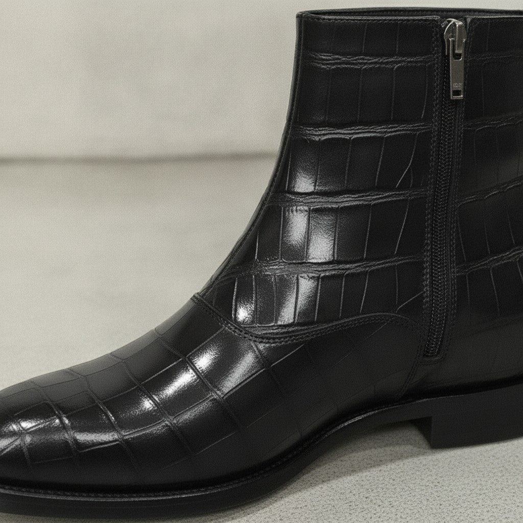 Men's Black Crocodile-Embossed Leather Ankle Boots