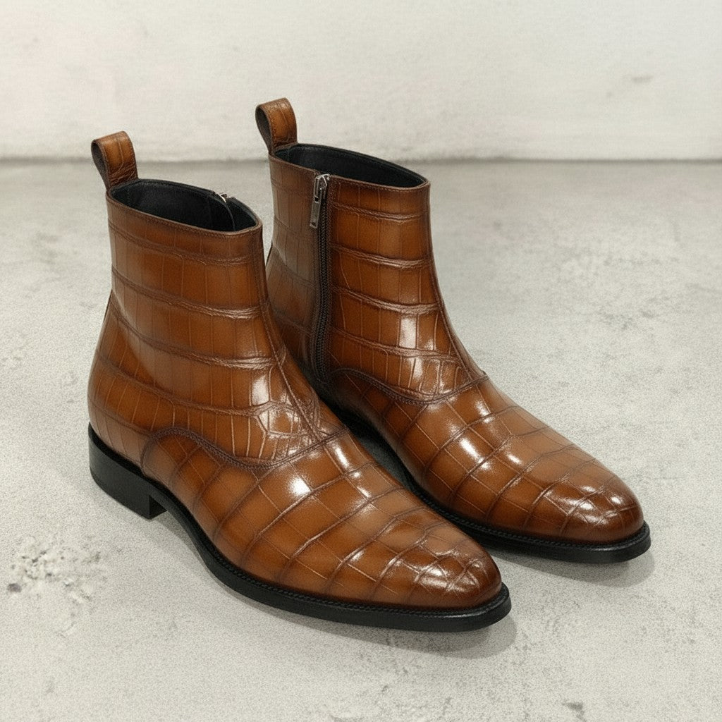 Men's Antique Brown Crocodile-Embossed Leather Ankle Boots