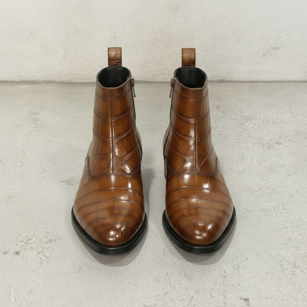 Men's Antique Brown Crocodile-Embossed Leather Ankle Boots