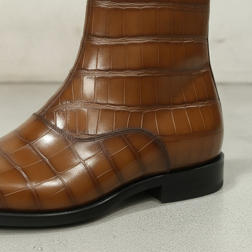 Men's Antique Brown Crocodile-Embossed Leather Ankle Boots