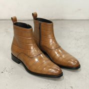 Men's Tan Crocodile-Embossed Leather Ankle Boots