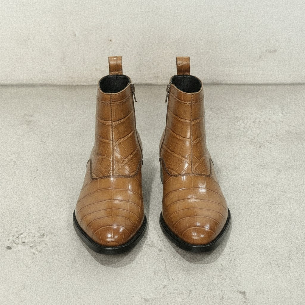Men's Tan Crocodile-Embossed Leather Ankle Boots